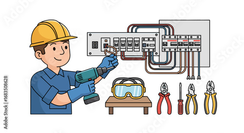 Cartoon electrician working on an electrical panel with tools and safety equipment displayed nearby on a white background
