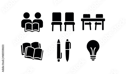 flat black solid icon items isolated on white background: study partner two chairs shared desk open books pen set light bulb