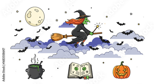 A cartoon illustration of a witch flying on a broomstick with halloween themed elements around her