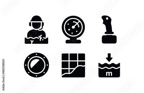 flat black solid icon items isolated on white background: seafloor mapper pilot sonar screen joystick grip sub window map grid depth icon