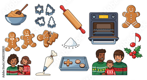 Illustration of christmas baking scene with gingerbread cookies and happy families wearing sweaters