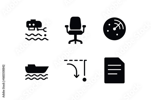 flat black solid icon items isolated on white background: ocean floor pilot control chair radar sweep vessel hull dive path data log