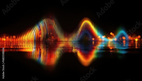 Abstract sound waves reflected on water. Colorful, dynamic, wavy lines create a mesmerizing effect, mirrored on a dark surface. City lights are subtly visible below