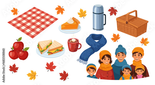 A delightful autumn picnic scene featuring a family with food and seasonal elements spread out nicely