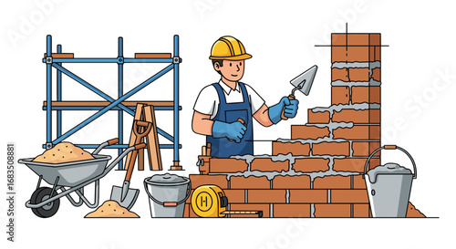 A construction worker building a brick wall with tools and scaffolding in the background image vector