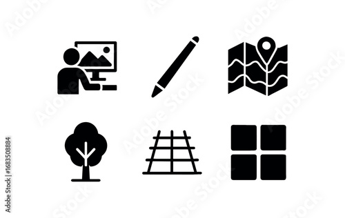 flat black solid icon items isolated on white background: digital landscape designer tablet pen terrain map tree icon 3D grid color blocks