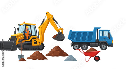 Illustration of construction site with excavator, dump truck, wheelbarrow and piles of dirt shown
