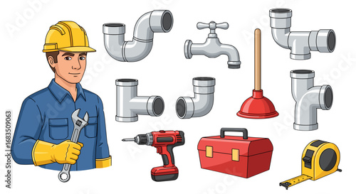 Illustration of a plumber with tools including pipes, wrench, toolbox, and a measuring tape displayed