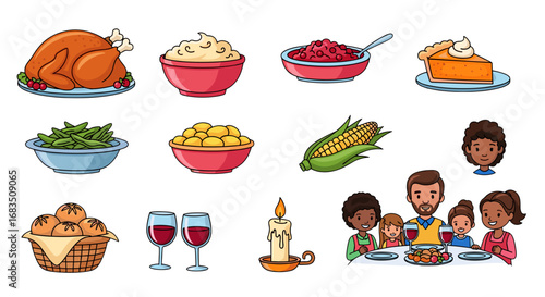 Illustration of a thanksgiving dinner with turkey, side dishes, family and a candle on the table setting