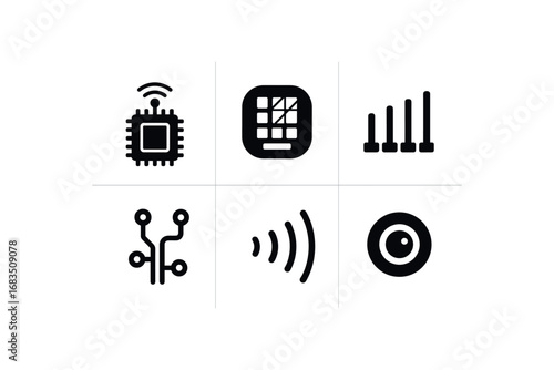 flat black solid icon items isolated on white background: microchip sensor silicon board gold pins circuit lines signal waves tiny lens