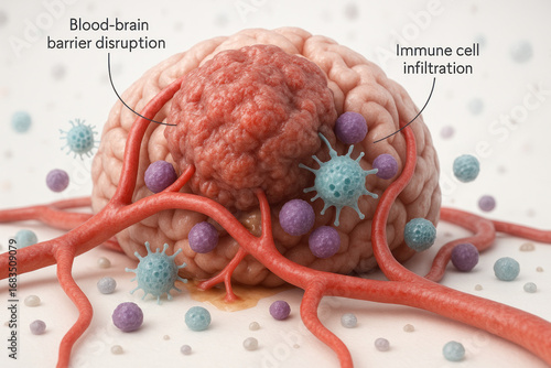 Brain tumor with immune cell infiltration and blood-brain barrier disruption - Illustration