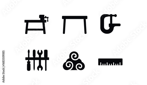 flat black solid icon items isolated on white background: makers bench wooden table vise clamp tool rack shavings pile ruler line