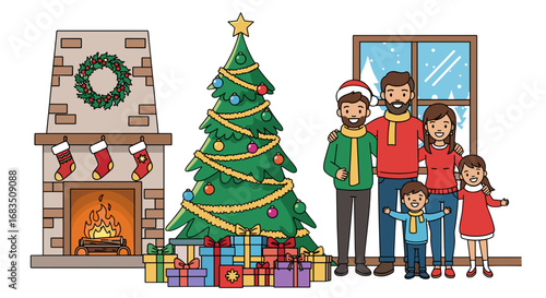 Family gathered around christmas tree with fireplace and window in a cozy home setting indoors