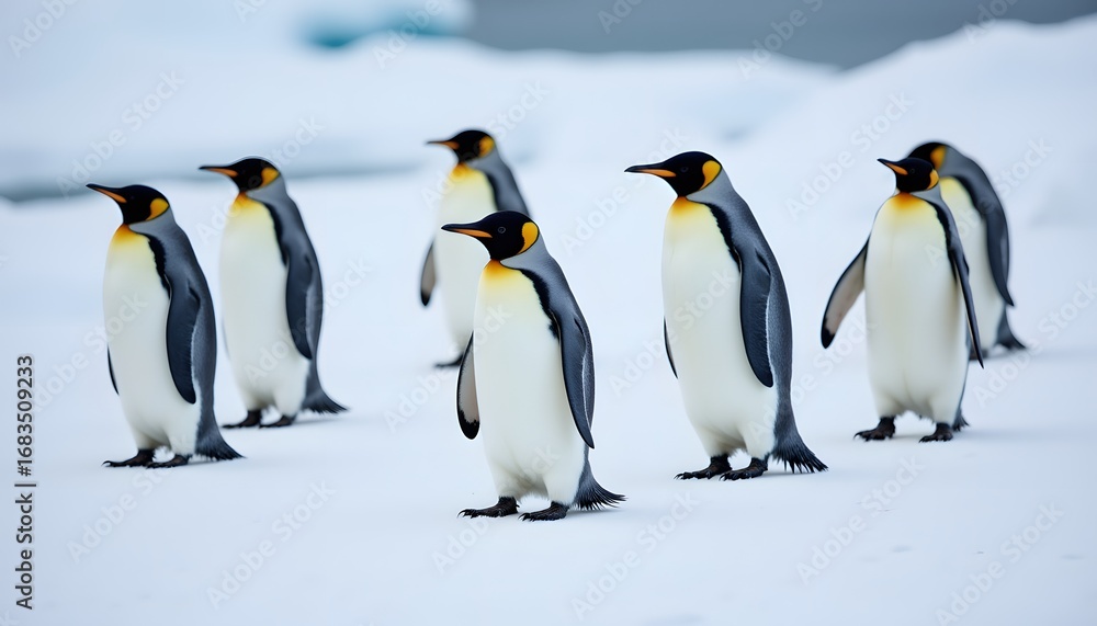 Fototapeta premium The penguins, with their black and white feathers glistening in the sunlight, waddle gracefully across the icy terrain