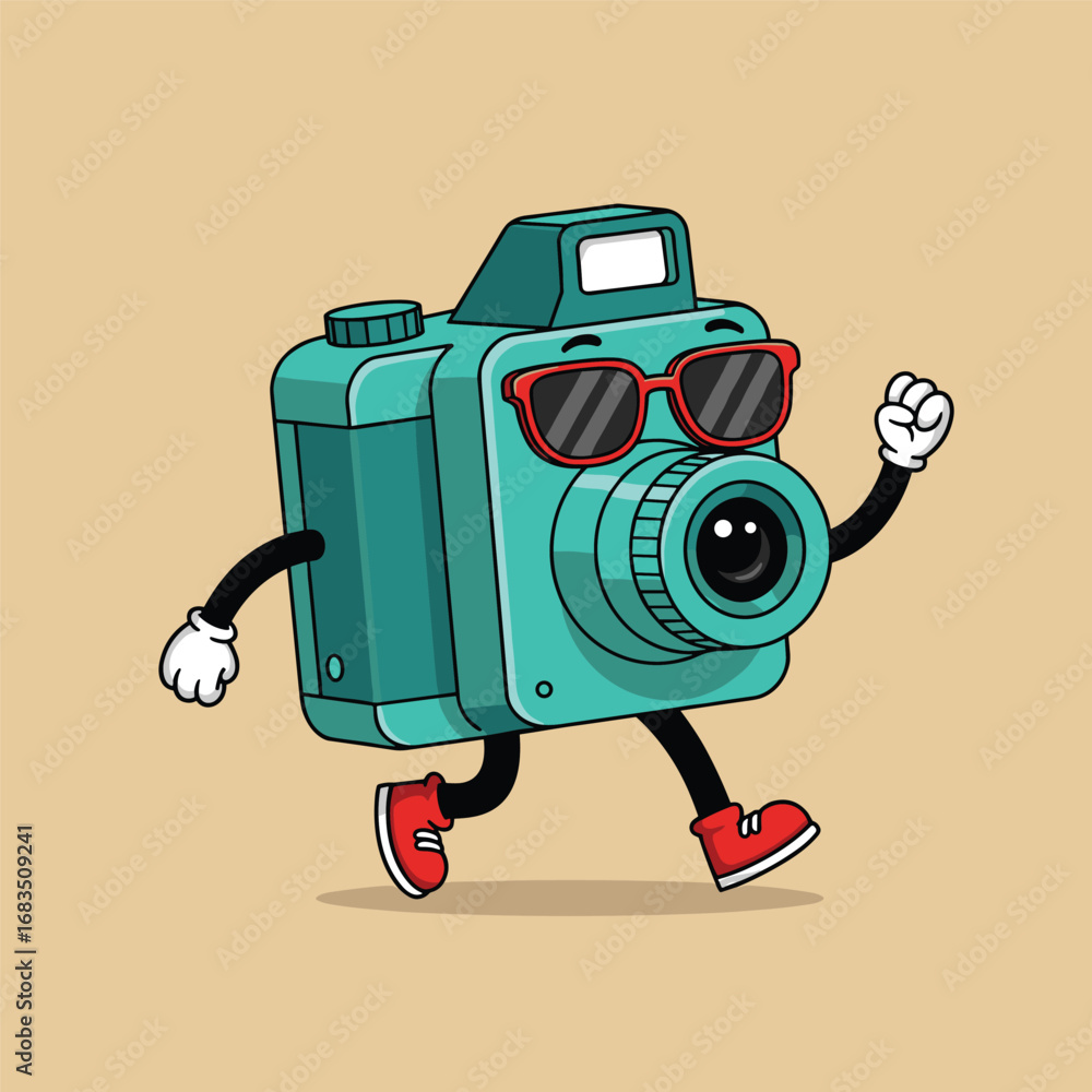 Fototapeta premium Cartoon groovy photo camera retro character. Isolated vector funky, hippie style photocamera personage adorned with vibrant daisy flowers, stars and playful smile push shooting button to make snapshot