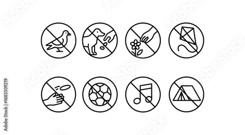 simple outline stroke icon 8 different no feeding birds no feeding animals no picking flowers no kites no frisbees no ball games no loud music no tents isolated on white background