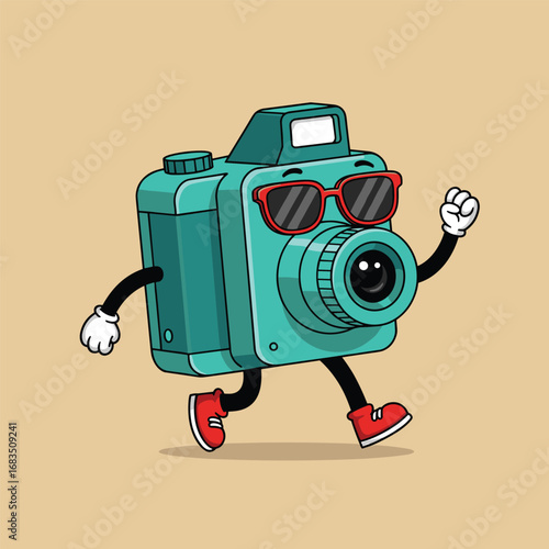 Cartoon groovy photo camera retro character. Isolated vector funky, hippie style photocamera personage adorned with vibrant daisy flowers, stars and playful smile push shooting button to make snapshot