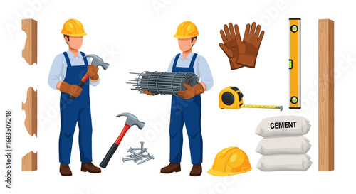 Illustration of two construction workers with tools and materials on a white background image art