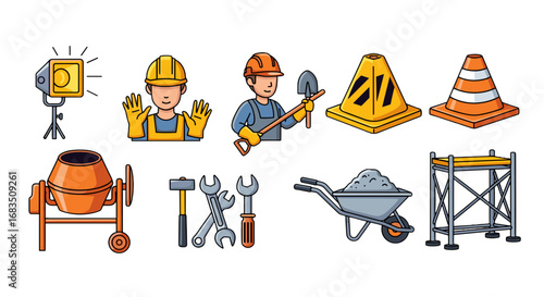 Illustration of construction workers with hard hats and various construction site equipment items shown