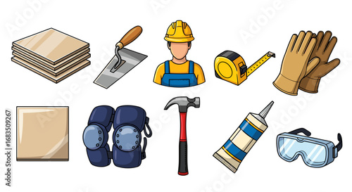 Illustration of construction worker with hard hat and various tools for tiling and construction work