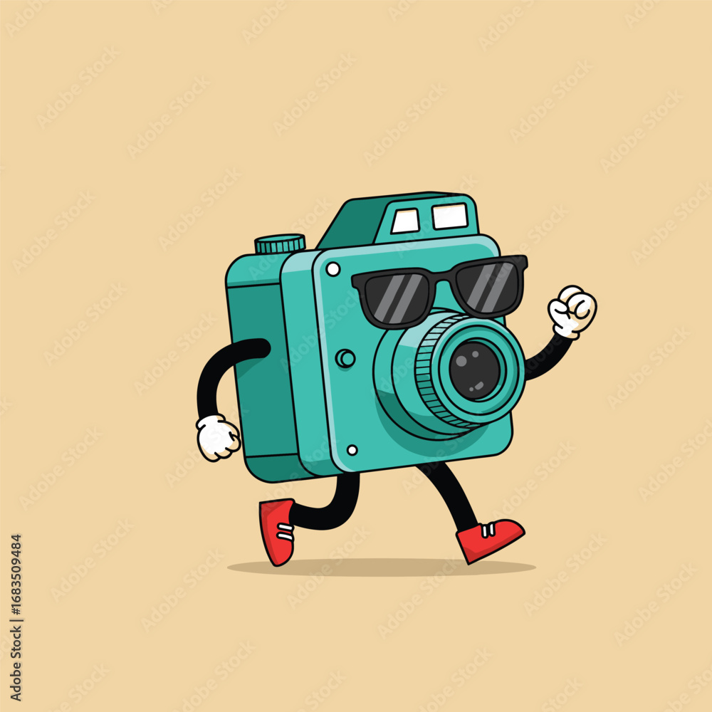 Fototapeta premium Cartoon groovy photo camera retro character. Isolated vector funky, hippie style photocamera personage adorned with vibrant daisy flowers, stars and playful smile push shooting button to make snapshot