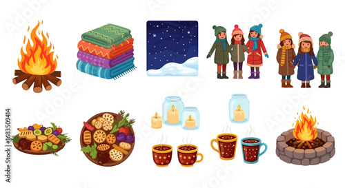 A cozy winter scene featuring a bonfire, blankets, hot drinks, and a group of friends in winter attire