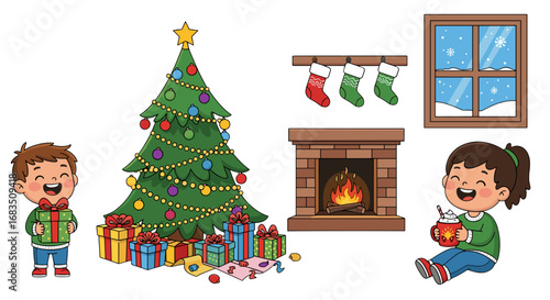 Cartoon illustration of a christmas scene with children, tree, fireplace and christmas decorations