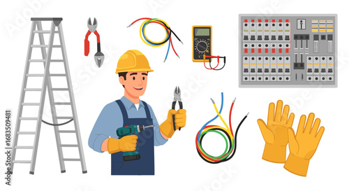 Illustration of an electrician with tools including a ladder and electrical panel on a white background