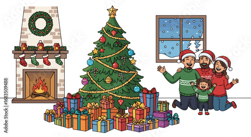 A family celebrating christmas with a decorated tree presents and a fireplace in a cozy home setting inside