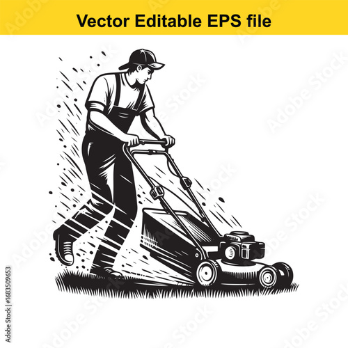 Gardener pushing a lawn mower, vector illustration, isolated on white background