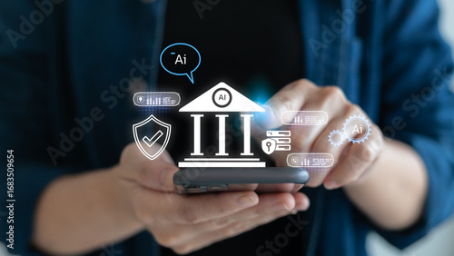 Businessman using smartphone with hologram showing AI banking system, fintech, cybersecurity, and digital finance. Concept of artificial intelligence in business technology 