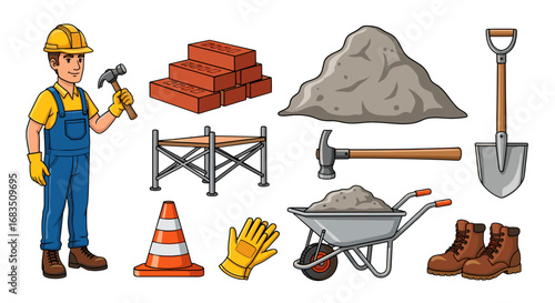 Illustration of a construction worker with tools and materials on a white background surface view