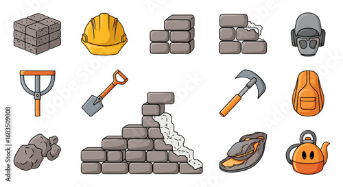 Illustration of construction tools and materials including bricks helmet and other equipment items shown