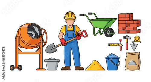 Illustration of a construction worker with tools and materials including cement mixer and wheelbarrow