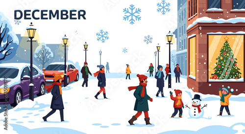 People walking on a snowy street with cars, streetlights, and a christmas tree in a shop window in december