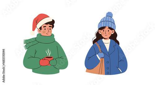 Two people in winter attire one with a santa hat and the other with a blue hat and coat standing side by side