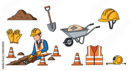 Illustration of a construction worker digging a trench with safety equipment and tools around him