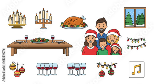Illustration of a family celebrating christmas with dinner candles and christmas decorations around