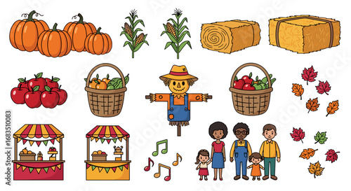 Illustration showing autumn harvest items with pumpkins, corn, scarecrow, and family together now
