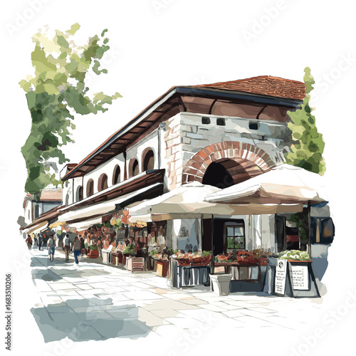 Skopje Old Bazaar. Skopje Old Bazaar watercolor vector illustration