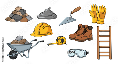 Illustration of construction tools and equipment including hard hat, gloves, and wheelbarrow items