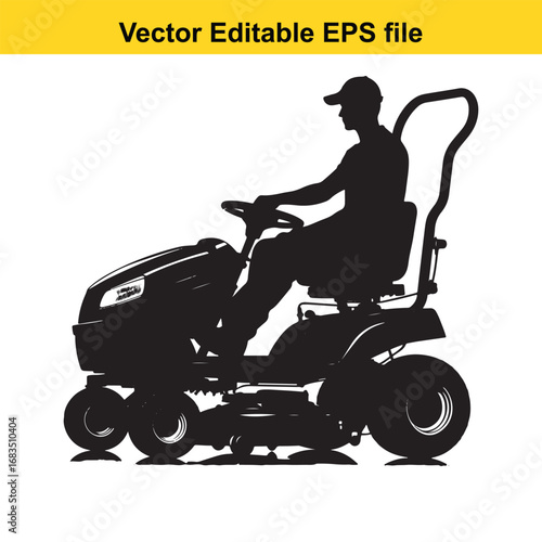 Silhouette of a man riding a lawnmower isolated on white background