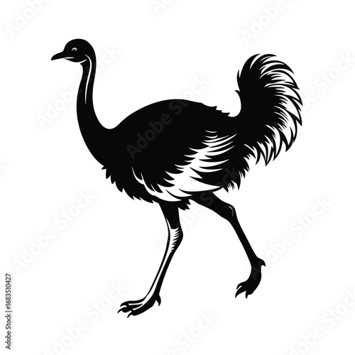 Black silhouette of a walking ostrich with detailed plumage