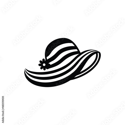 Black and white striped wide brim hat with flower detail on white background fashion accessory