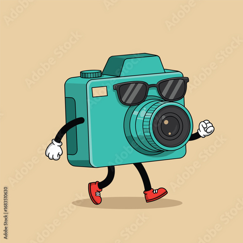 Cartoon groovy photo camera retro character. Isolated vector funky, hippie style photocamera personage adorned with vibrant daisy flowers, stars and playful smile push shooting button to make snapshot