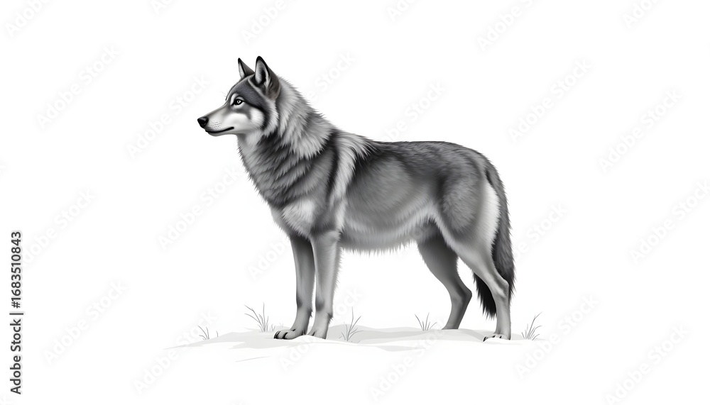 Fototapeta premium A detailed black and grey illustration of a majestic wolf standing proudly on a snowy white background, conveying a sense of strength, intelligence, and wild beauty.