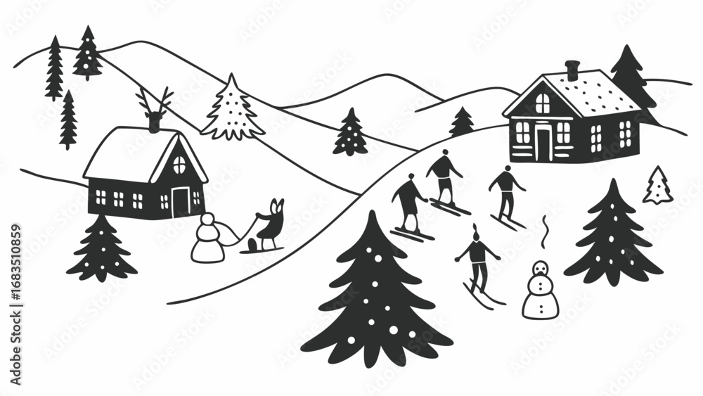 Obraz premium People skiing in a snowy winter landscape with mountain cabins and pine trees in this whimsical black and white line art drawing.