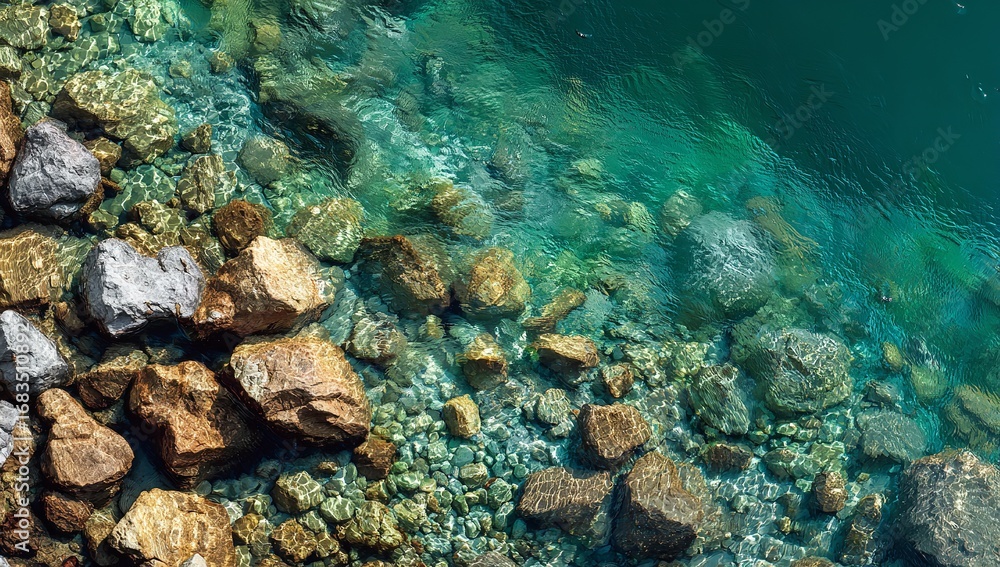 Obraz premium Clear transparent water surface with visible rocks on the bottom, sunlight reflections through ripples creating a vibrant natural aerial perspective