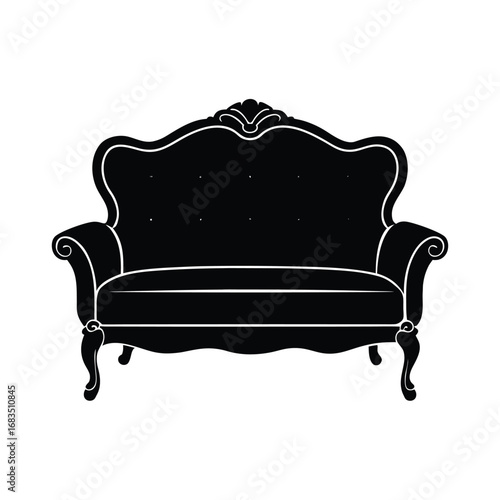 Black silhouette of an ornate vintage sofa on a white background