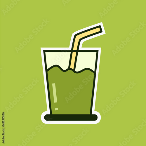 Refreshing glass of green matcha drink with a straw on a bright green background. Cute and minimal style, perfect for matcha tea, green smoothie, herbal drink, organic beverage, Japanese tea culture